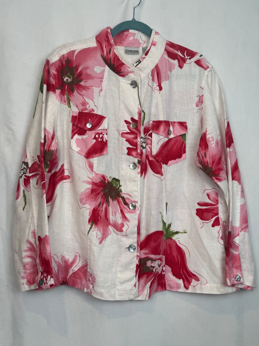 Chico's Womens Size 16-18 White Pink Floral Linen Jacket Boho Coastal